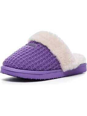 Women Purple Faux Leather Soft Warm Fuzzy Slipper Shoes for Indoor